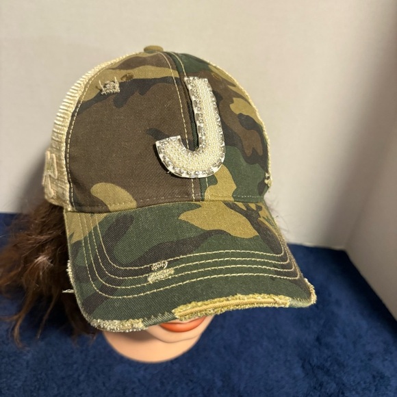 Judith March Beaded  Monogrammed 'J'  Camouflage Trucker Mesh  Hat Distressed - Picture 1 of 7